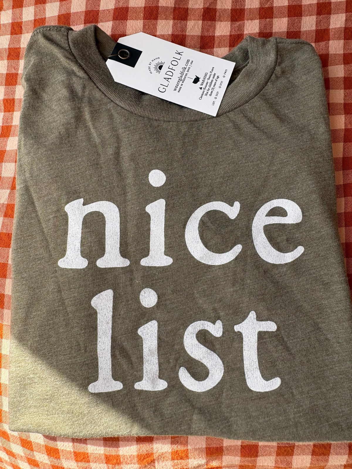 Kid's Christmas "Nice List" Organic Cotton T-shirt in Olive