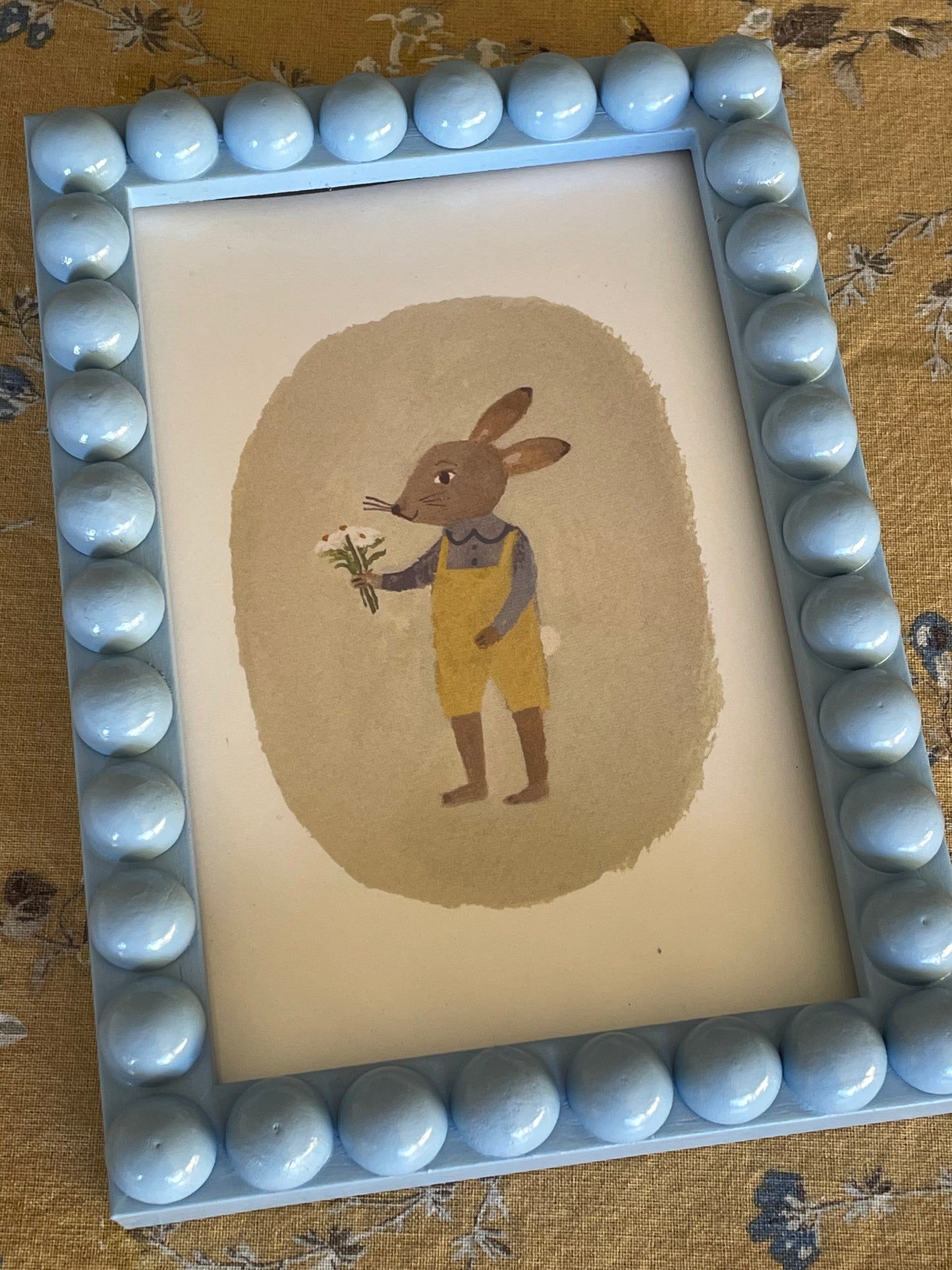 Handmade wooden blue bobbin frame with cute bunny print