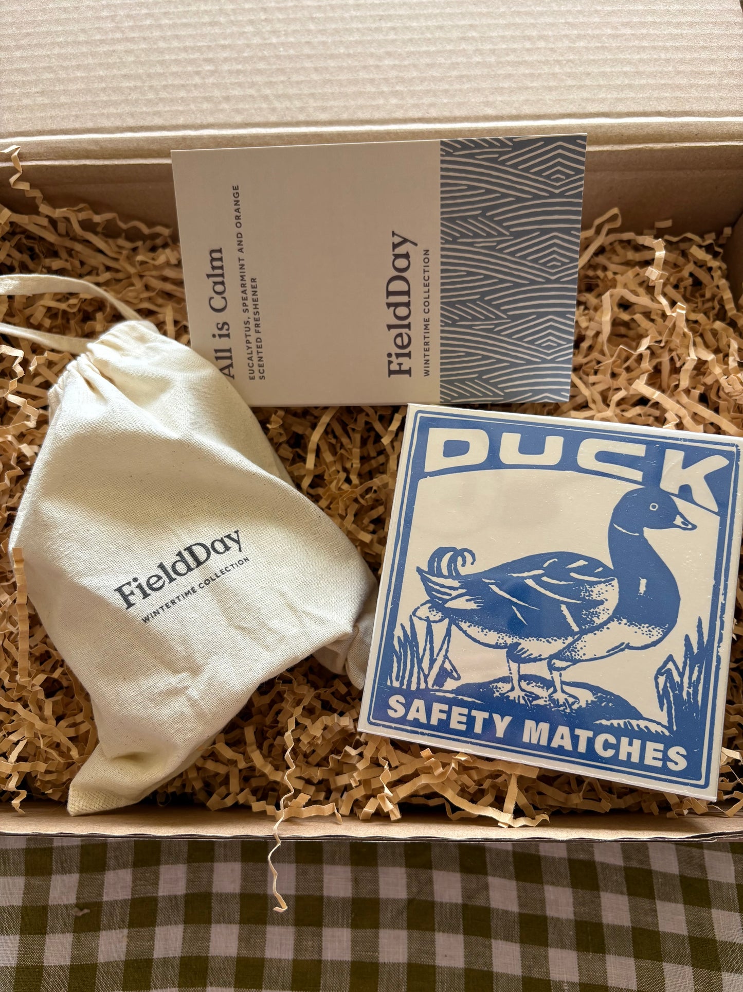 Men's FieldDay candle box gift set for him. Matches, air freshener and candle.