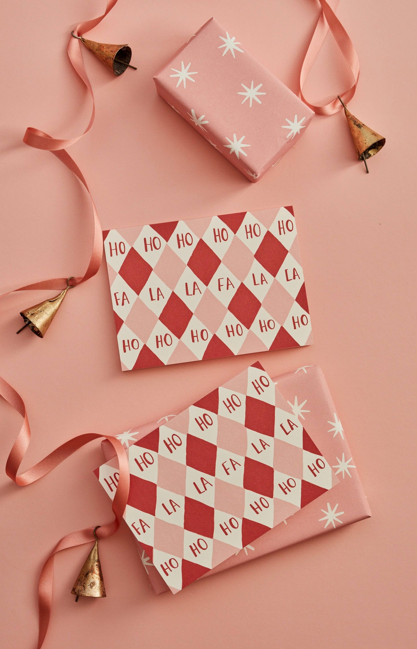 Harlequin Christmas Ho Ho Fa La Card Pink & Red