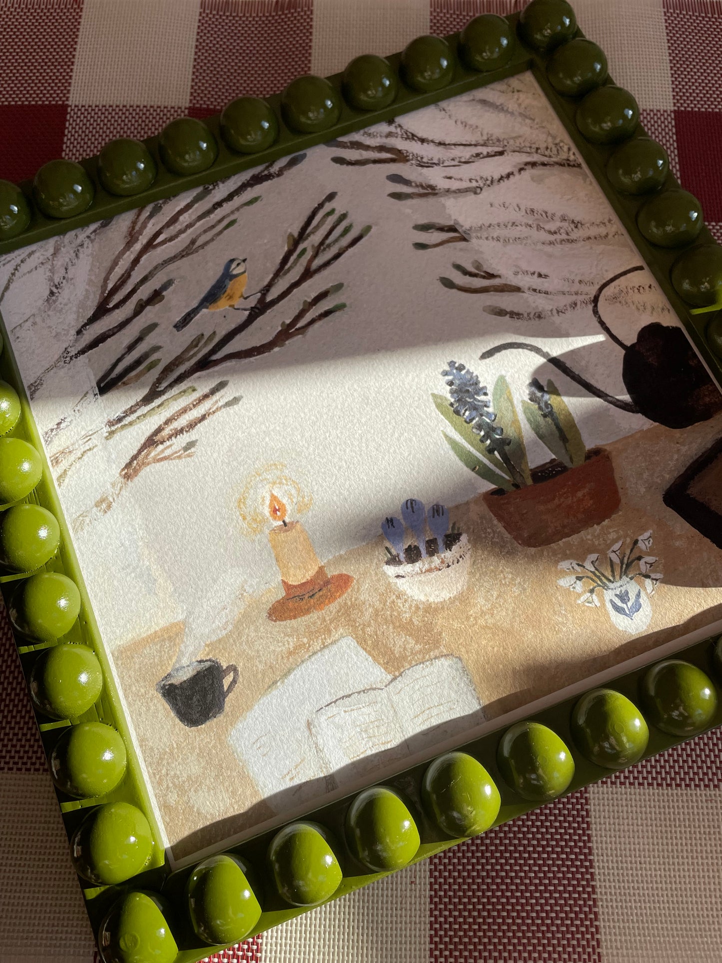 Olive Green Bobbin Frame with Blue Tit Table Setting Print