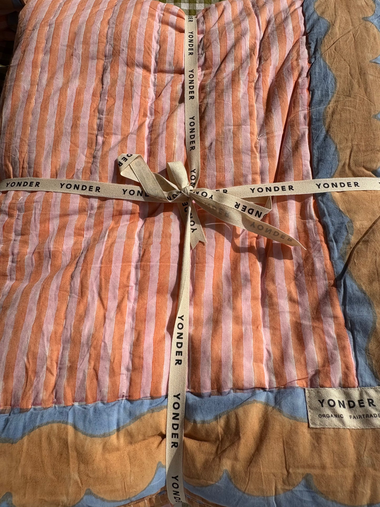 Organic Cotton Quilted Blanket Cornflower and Toffee Candy Stripe