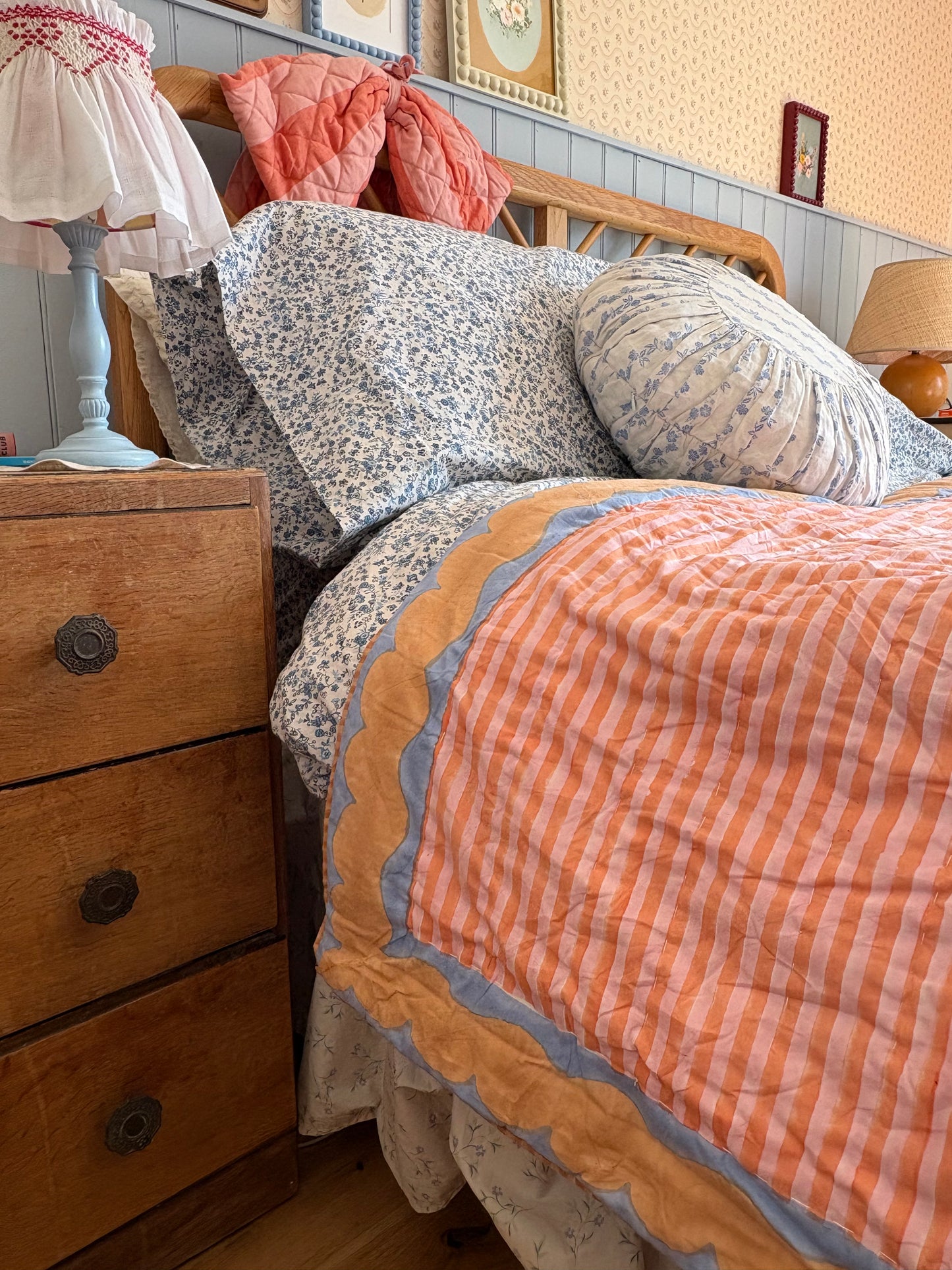 Organic Cotton Quilted Blanket Cornflower and Toffee Candy Stripe