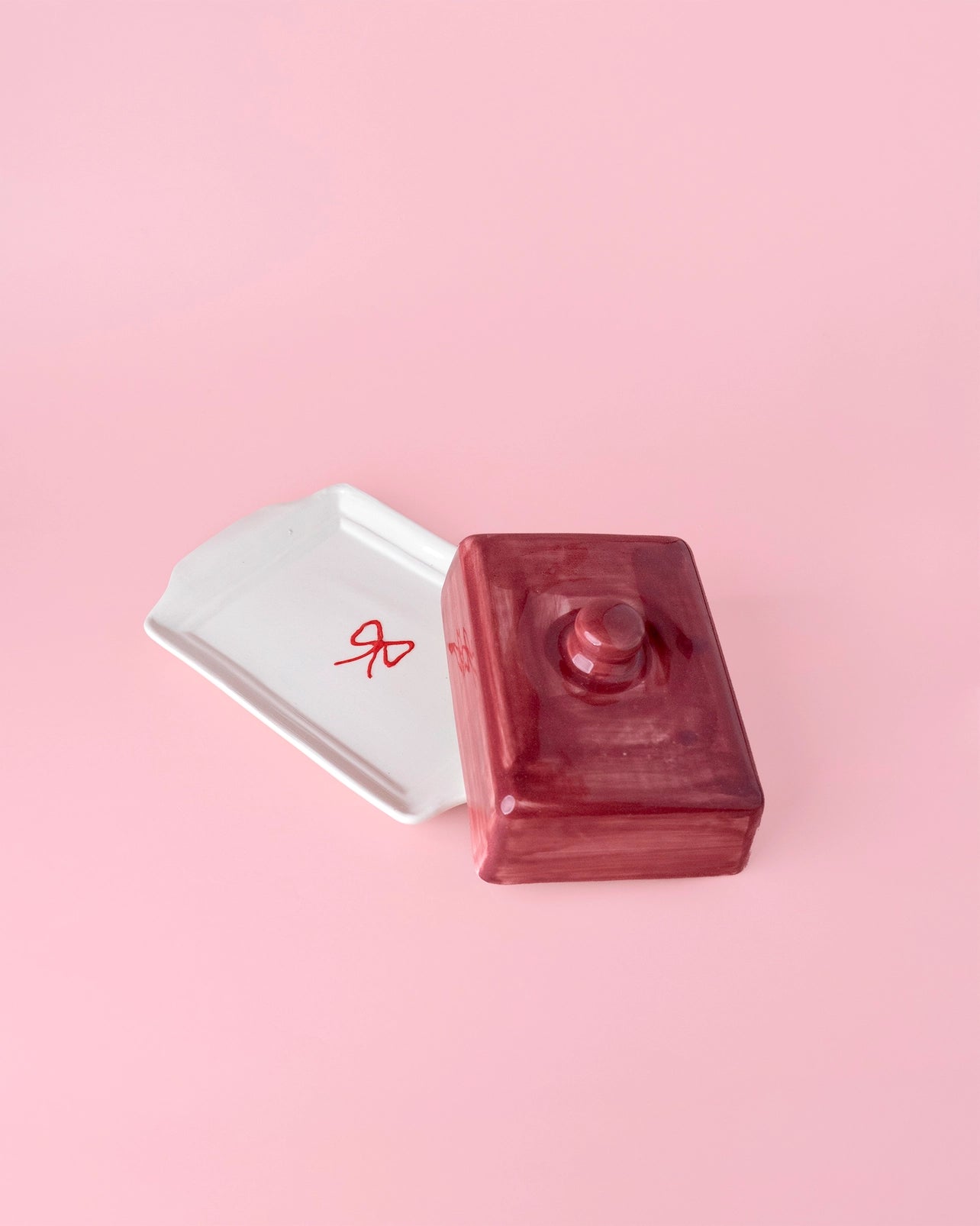 Artisanal Burgundy Ceramic Bow Butter Dish