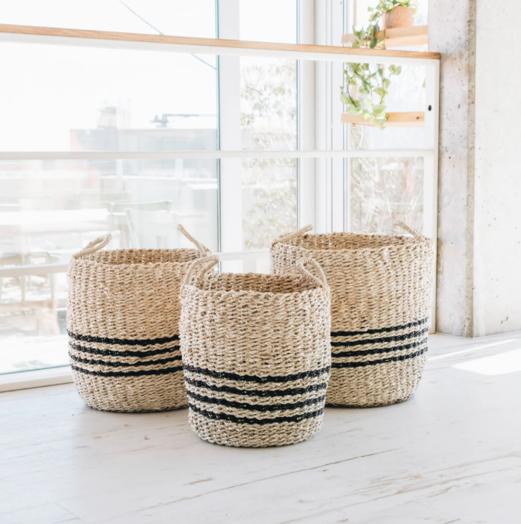 Set Of Three Large Stripe Natural Storage Baskets/Planters
