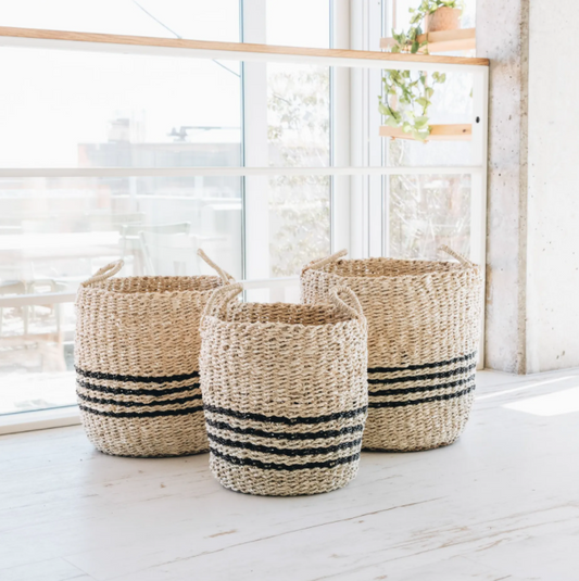Set Of Three Large Stripe Natural  Storage Baskets/Planters