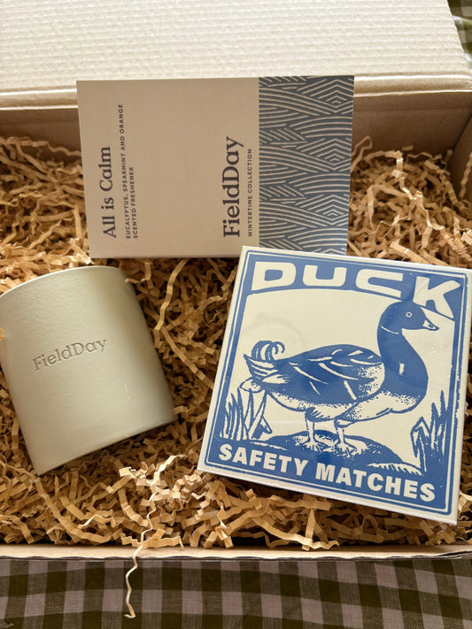 Men's FieldDay candle box gift set for him. Matches, air freshener and candle.