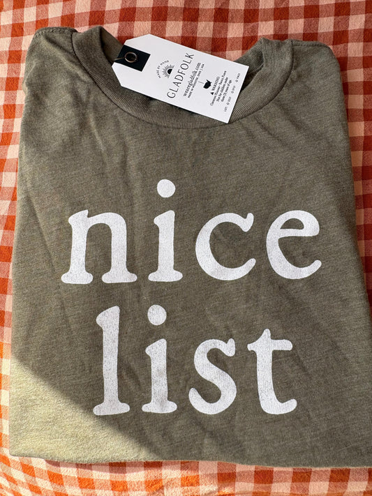 Kid's Christmas "Nice List" Organic Cotton T-shirt in Olive