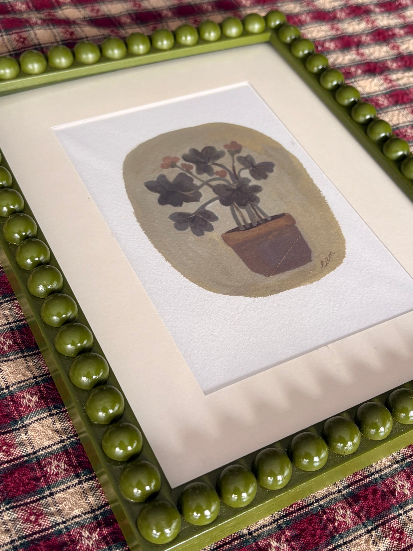 Handmade Olive wooden bobbin frame with floral print