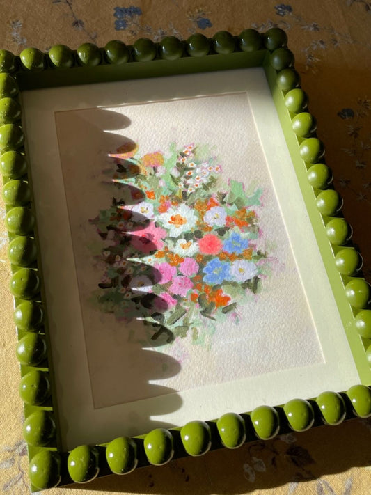 Green wooden Bobbin Bobble Frame with Brittany Smith Wildflower print.