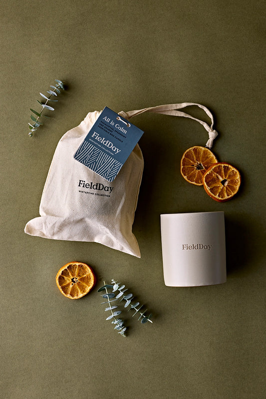 FieldDay Christmas All is Calm Soy Wax Large Candle.  Eucalyptus, Spearmint and Orange