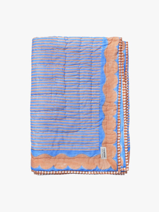 Organic Cotton Quilted Blanket Cornflower and Toffee Candy Stripe