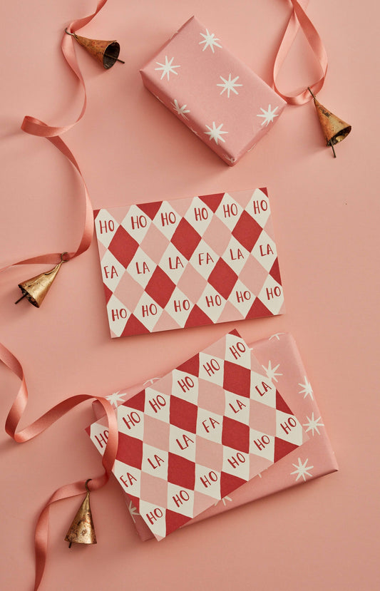 Harlequin Christmas  Ho Ho Fa La Card Pink & Red