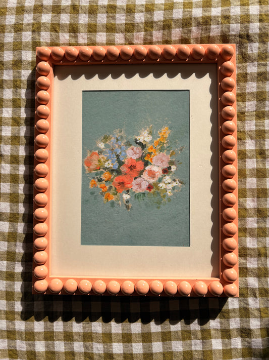 Peach Wooden Bobbin bobble Frame With BrittanySmith Studio Wildflower Print