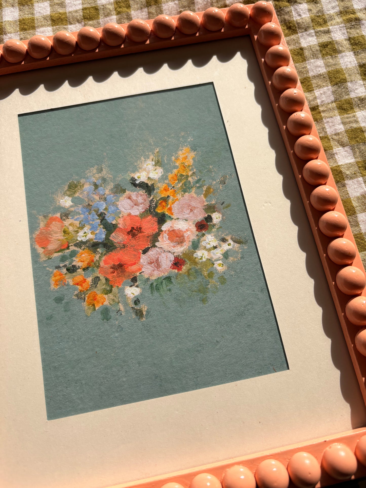 Peach Wooden Bobbin bobble Frame With BrittanySmith Studio Wildflower Print