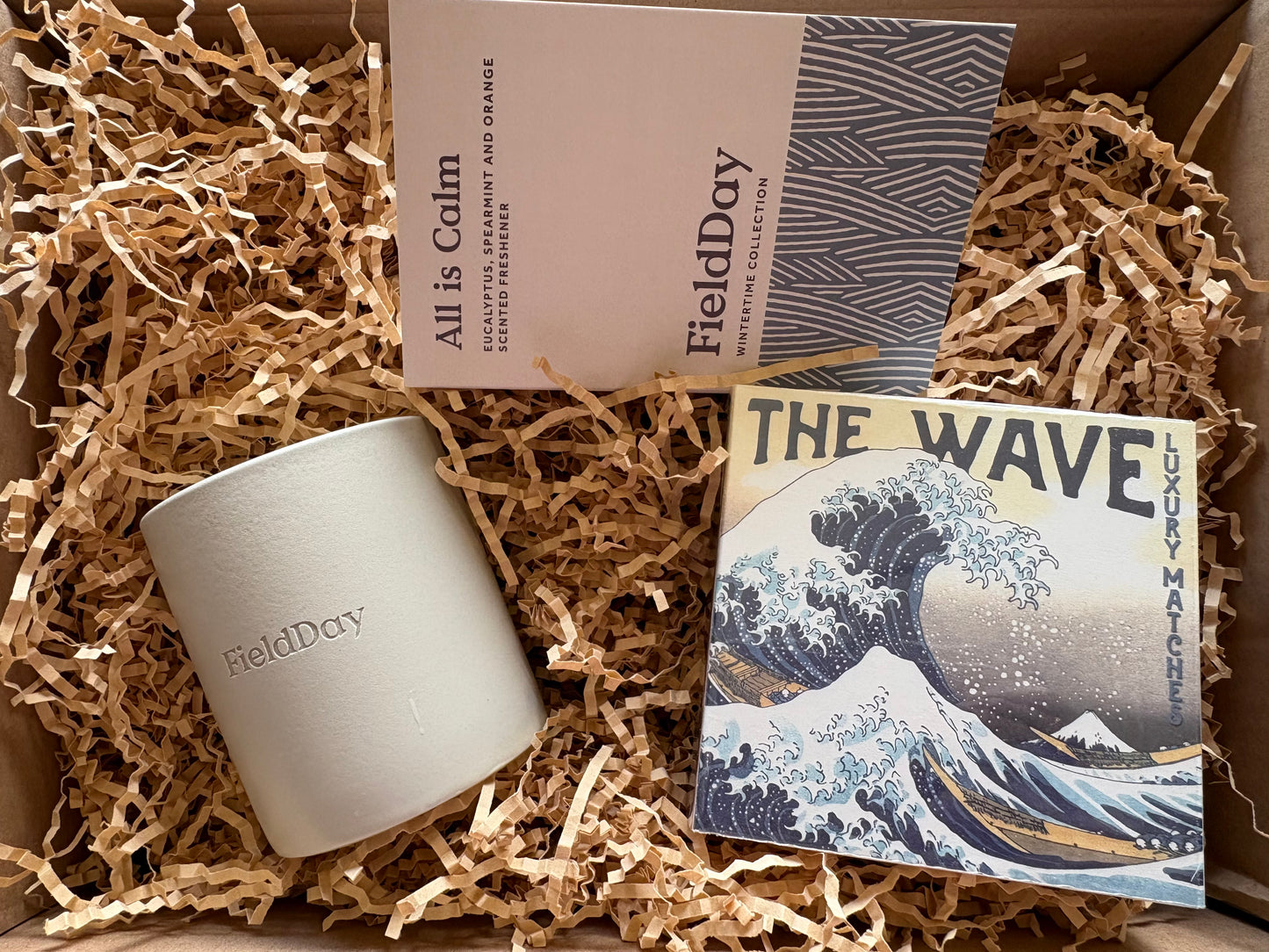 Men's FieldDay candle box gift set for him. Matches, air freshener and candle.