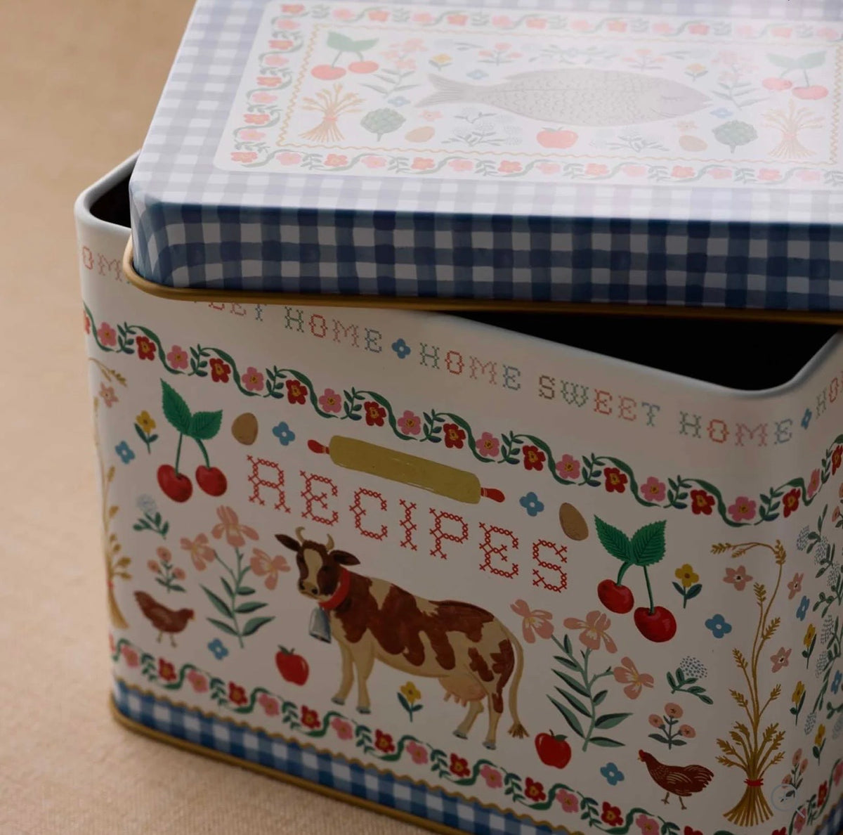 Home Sweet Home Cow Cross Stitch Metal Recipe Tin