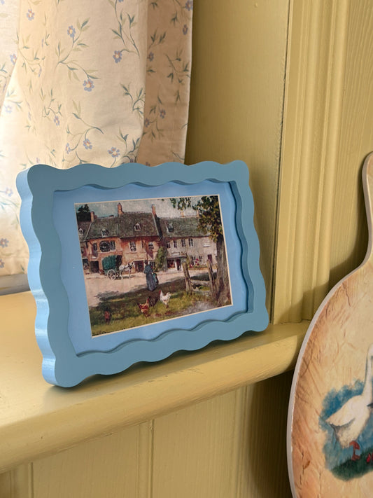 Blue  Wooden wave picture frame with cottages print