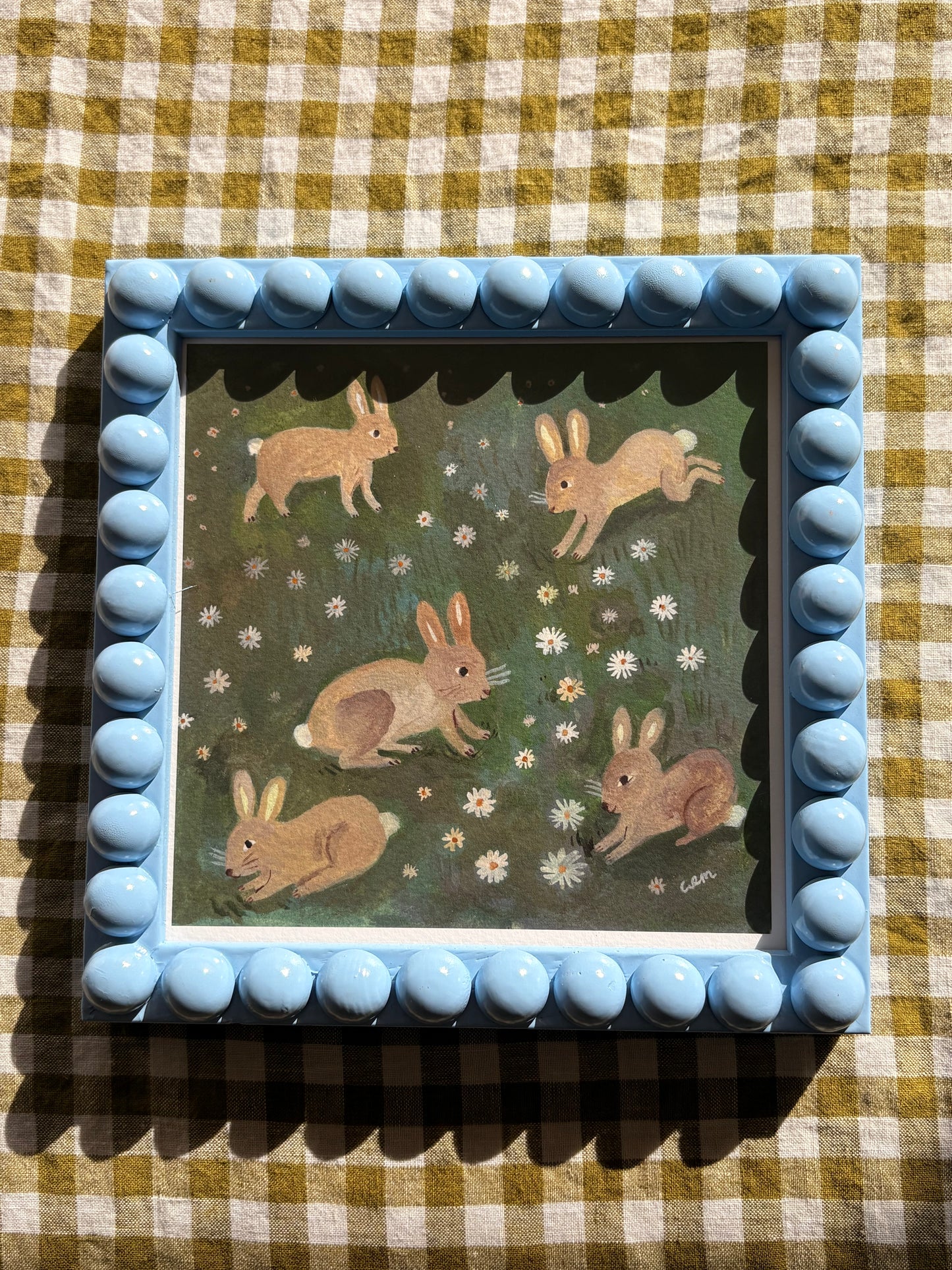 Handmade Wooden Bobbin  Picture Frame with bunny Print - Easter Gift