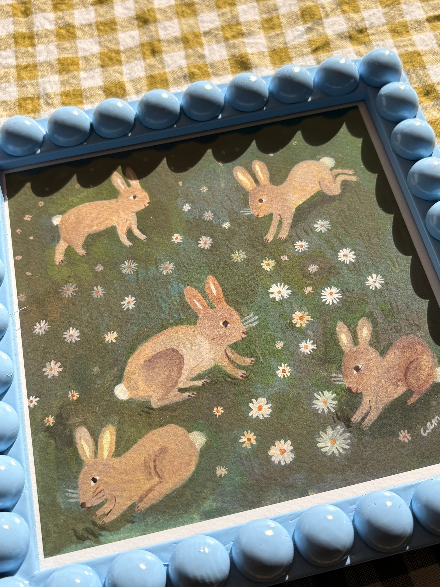 Handmade Wooden Bobbin  Picture Frame with bunny Print - Easter Gift