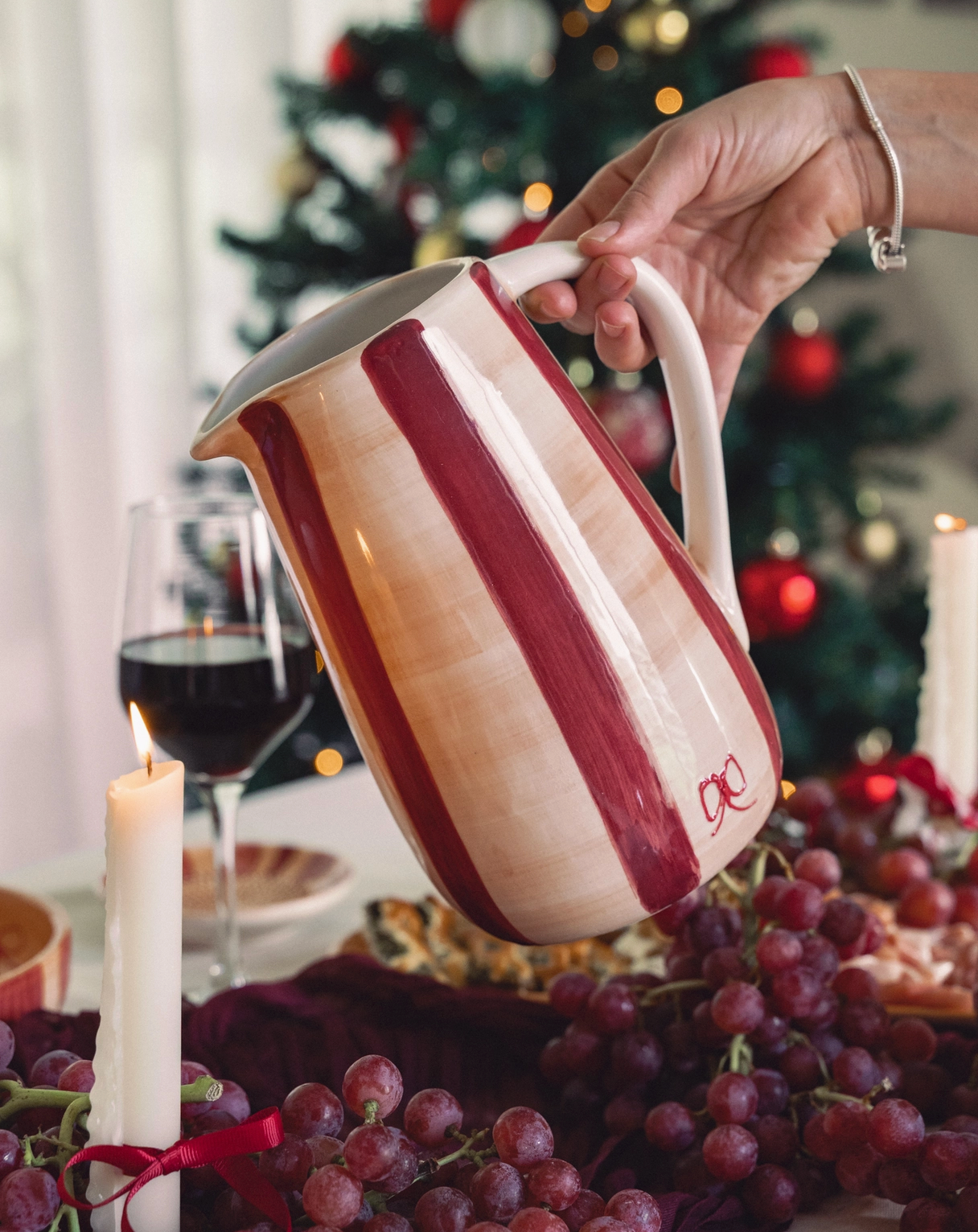 Burgundy & Beige Stripe Bow Jug - Noelle