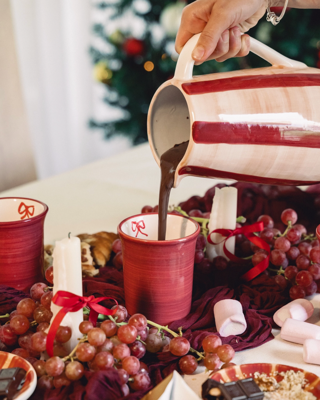 Burgundy & Beige Stripe Bow Jug - Noelle