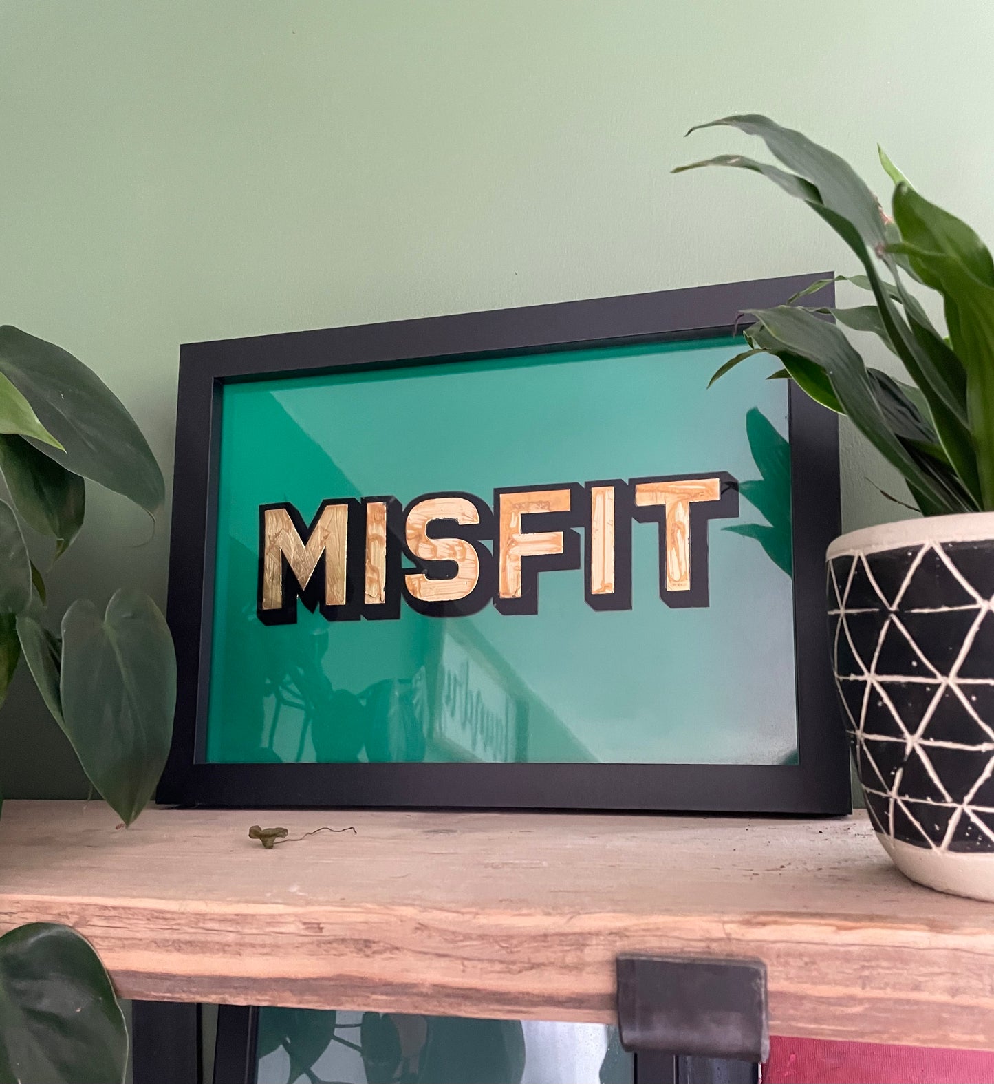 Misfit Framed Gold Leaf Typography Art Green