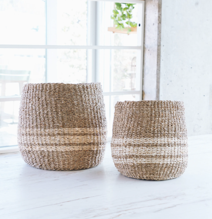 Set Of Two Large  Natural Stripe Storage Baskets/Planters